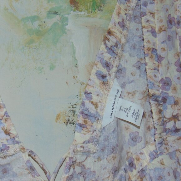 H&M LINEN Blend Cropped Watercolor Floral Blouse Top Prairie Corset Back Violet - Picture 8 of 10